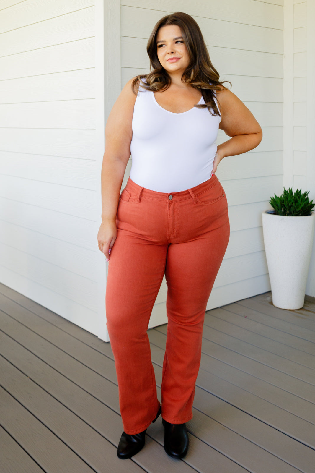 Autumn Mid Rise Slim Bootcut Jeans in Terracotta - AnnRose Boutique