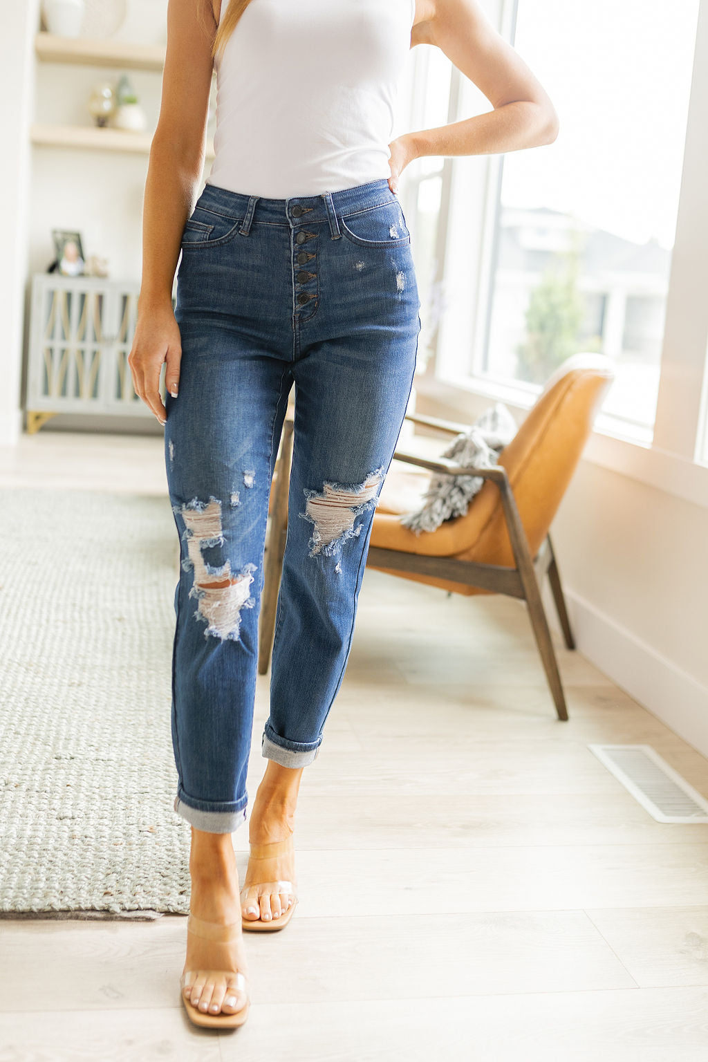 Judy Blue Colt High Rise Button Fly Distressed Boyfriend Jeans - AnnRose Boutique