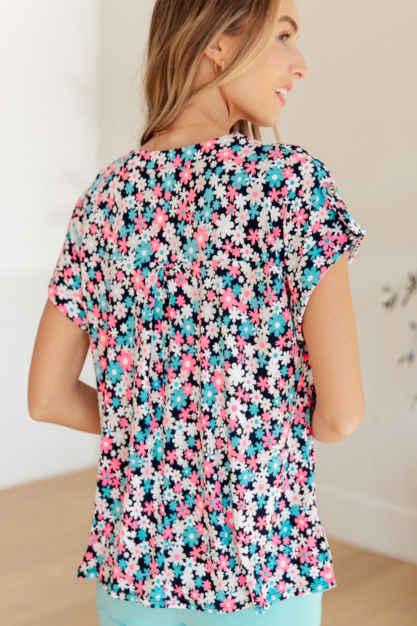 Cap Sleeve Top in Navy and Hot Pink Floral