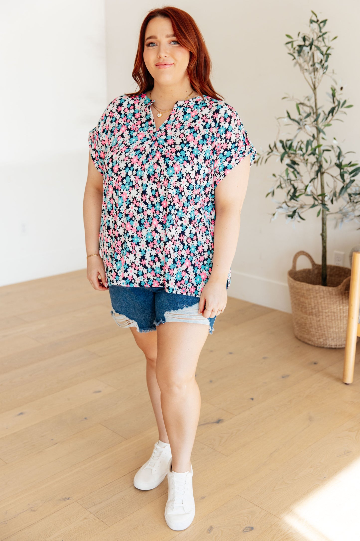 Cap Sleeve Top in Navy and Hot Pink Floral