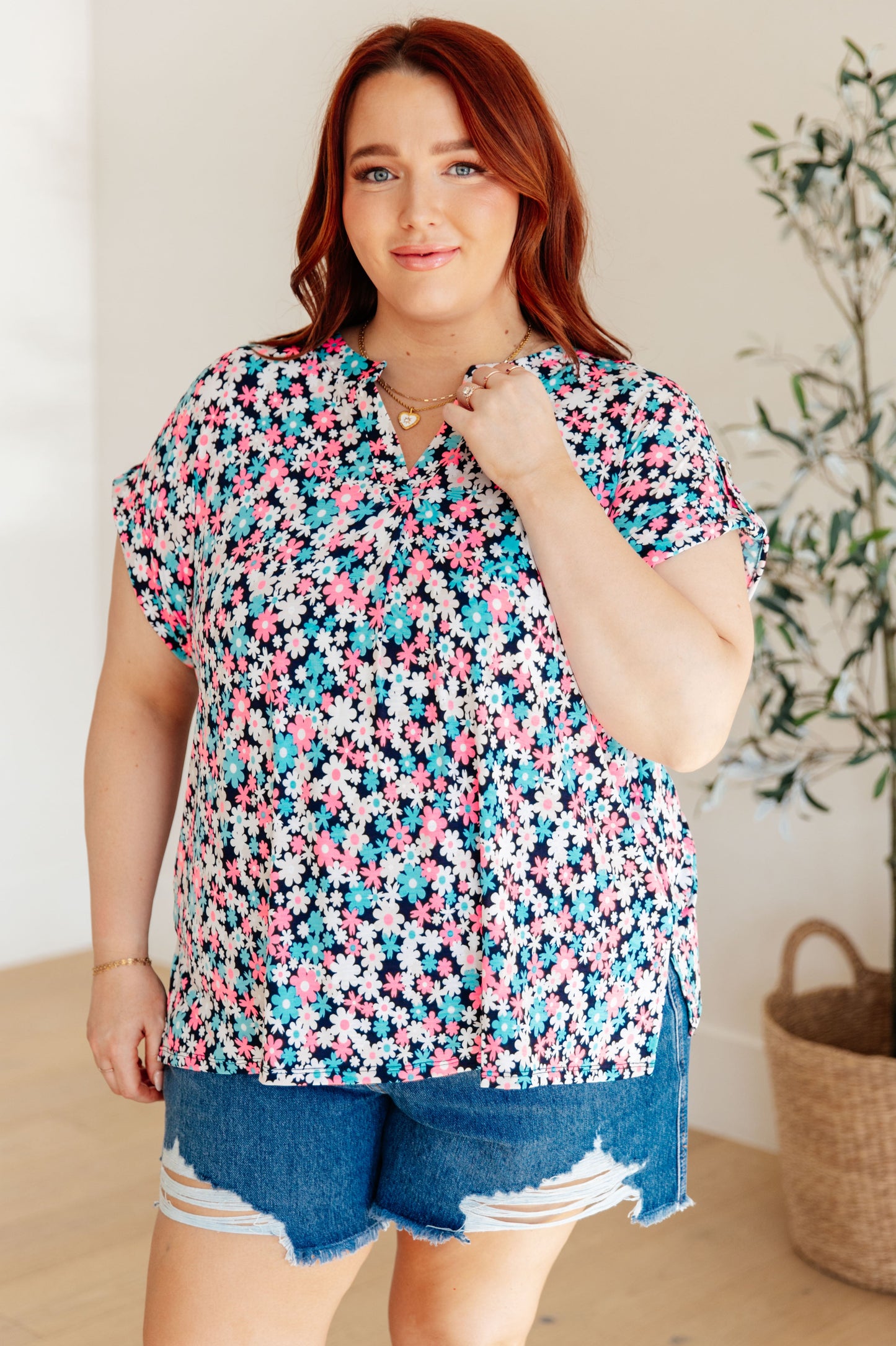 Cap Sleeve Top in Navy and Hot Pink Floral