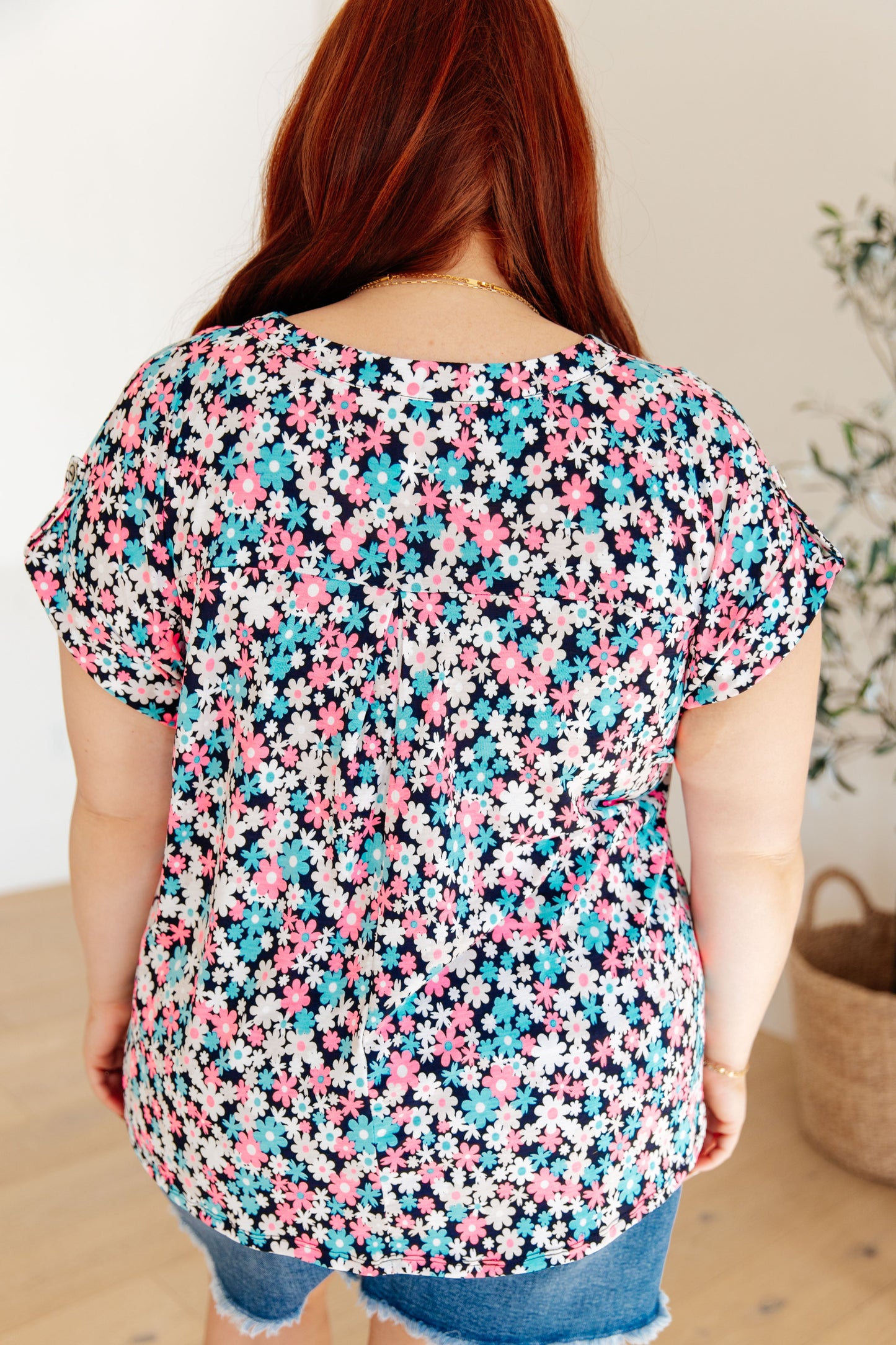 Cap Sleeve Top in Navy and Hot Pink Floral