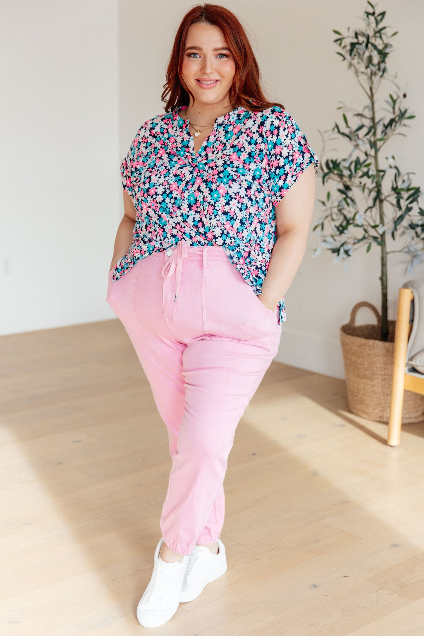 Cap Sleeve Top in Navy and Hot Pink Floral