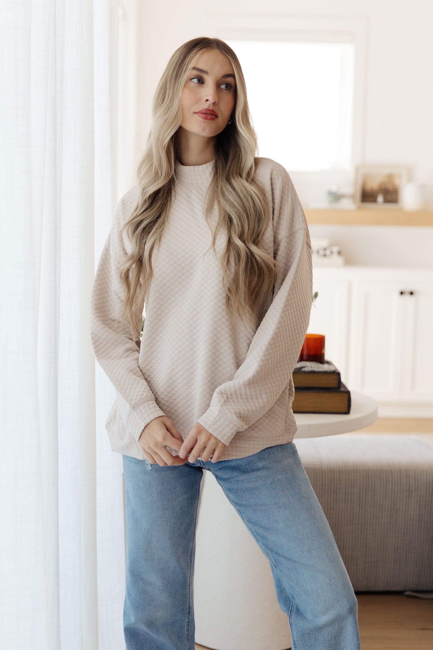 Ivory Quilted Mock Neck Pullover
