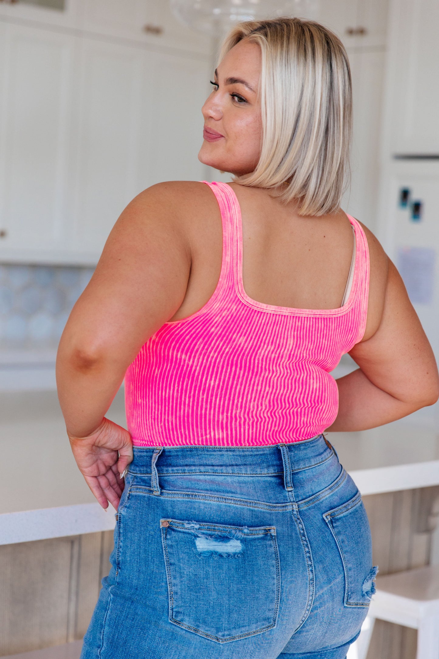 Mineral Wash Ribbed Tank in Neon Coral