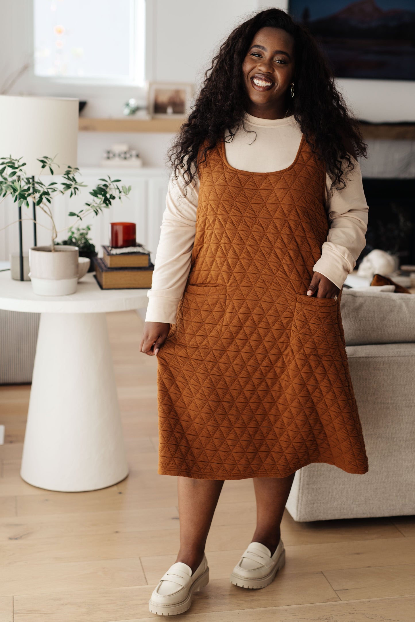 Rust Quilted Midi Dress