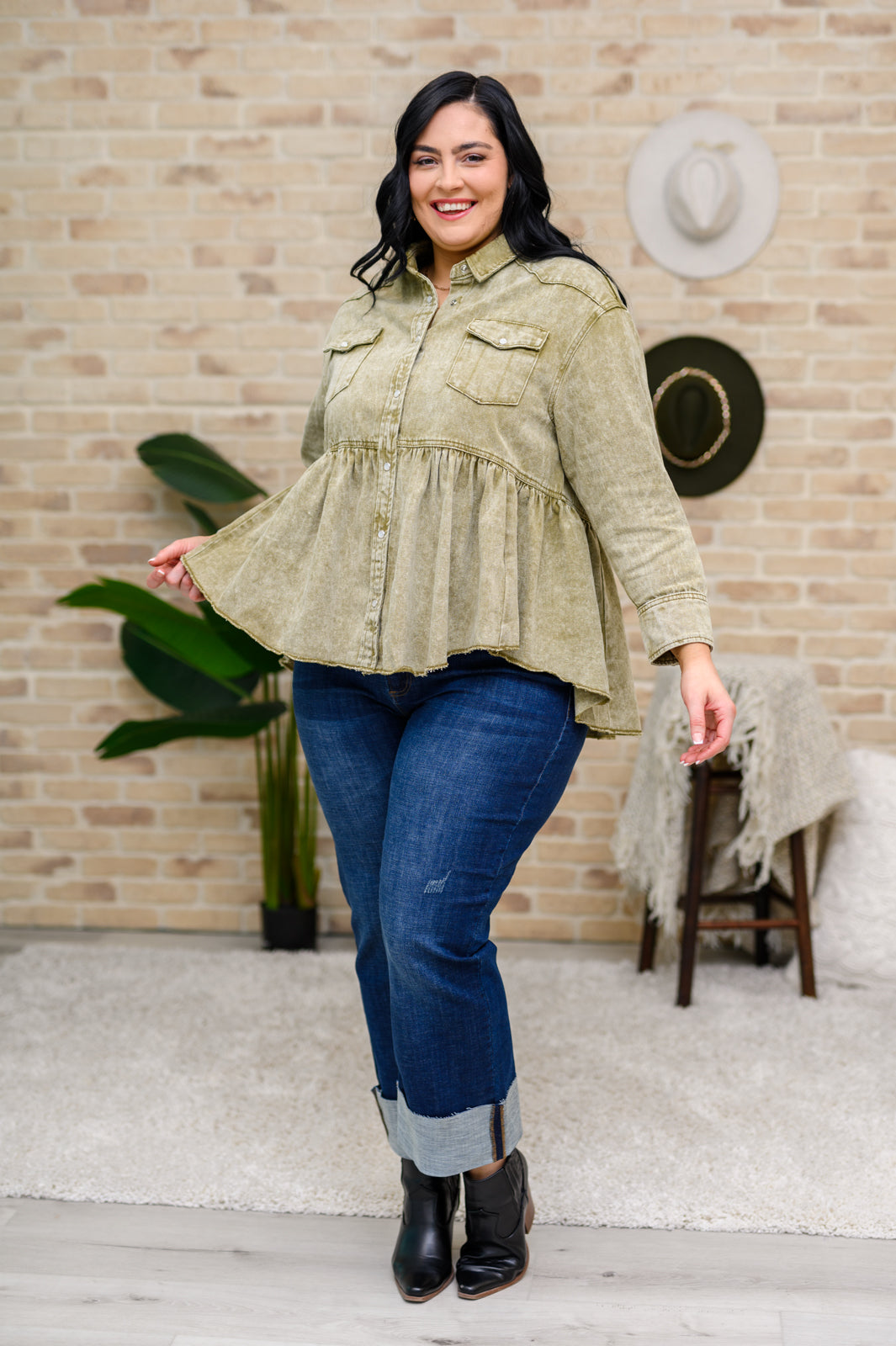 Green Tea Button Up Long Sleeve Top in Olive - AnnRose Boutique