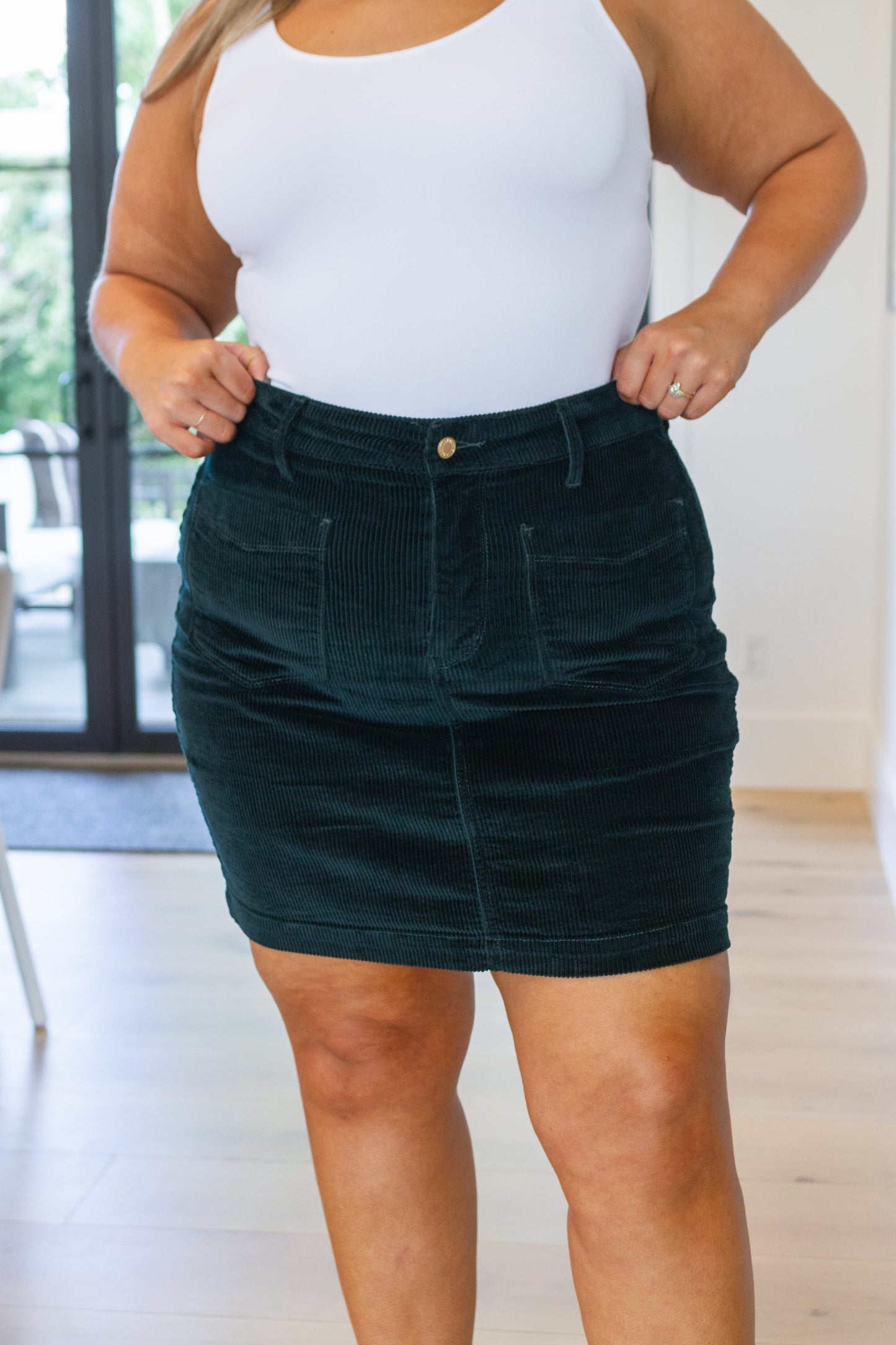 Melinda Corduroy Patch Pocket Skirt in Emerald - AnnRose Boutique