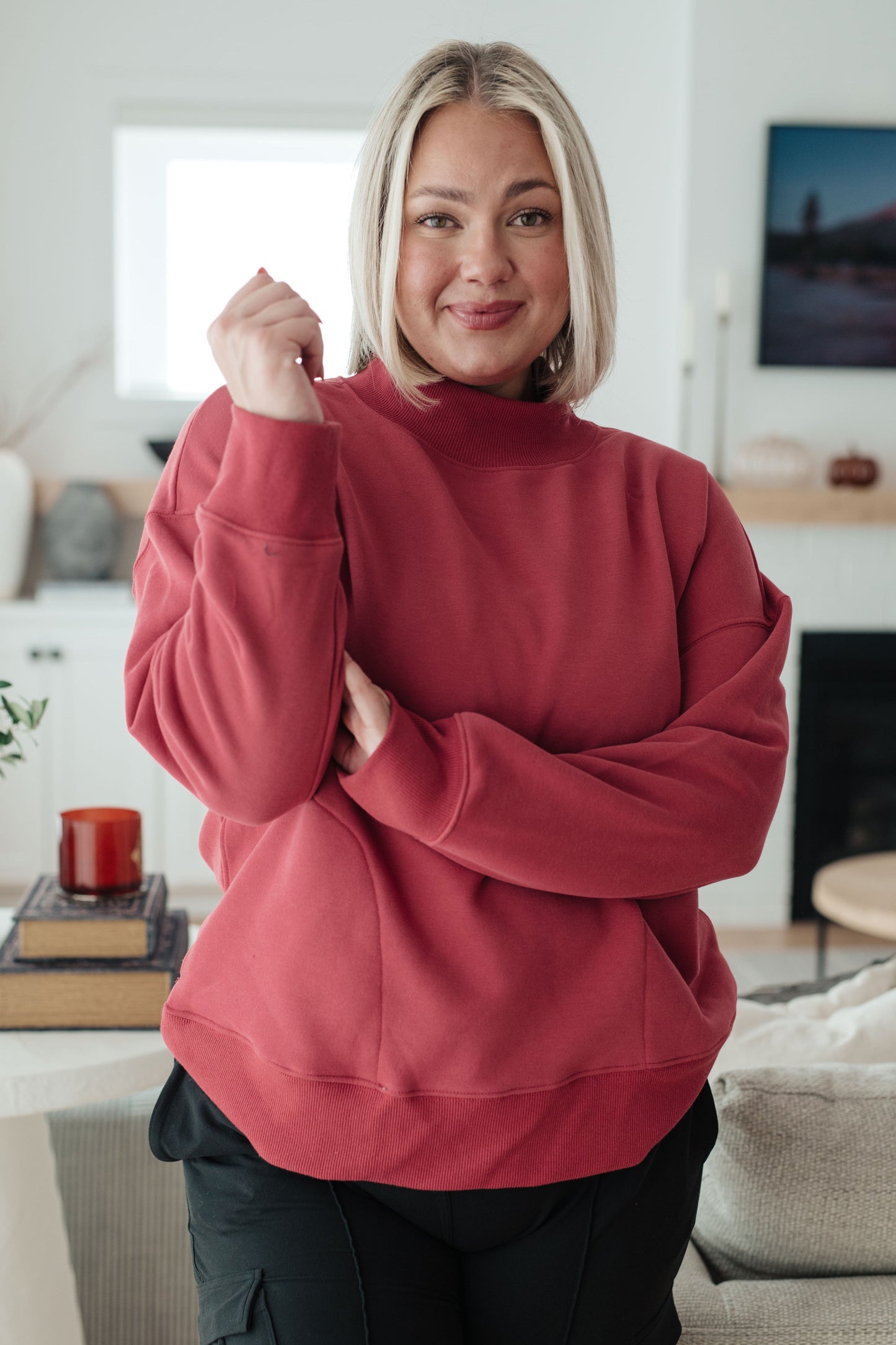 Mock Neck Pullover in Cranberry