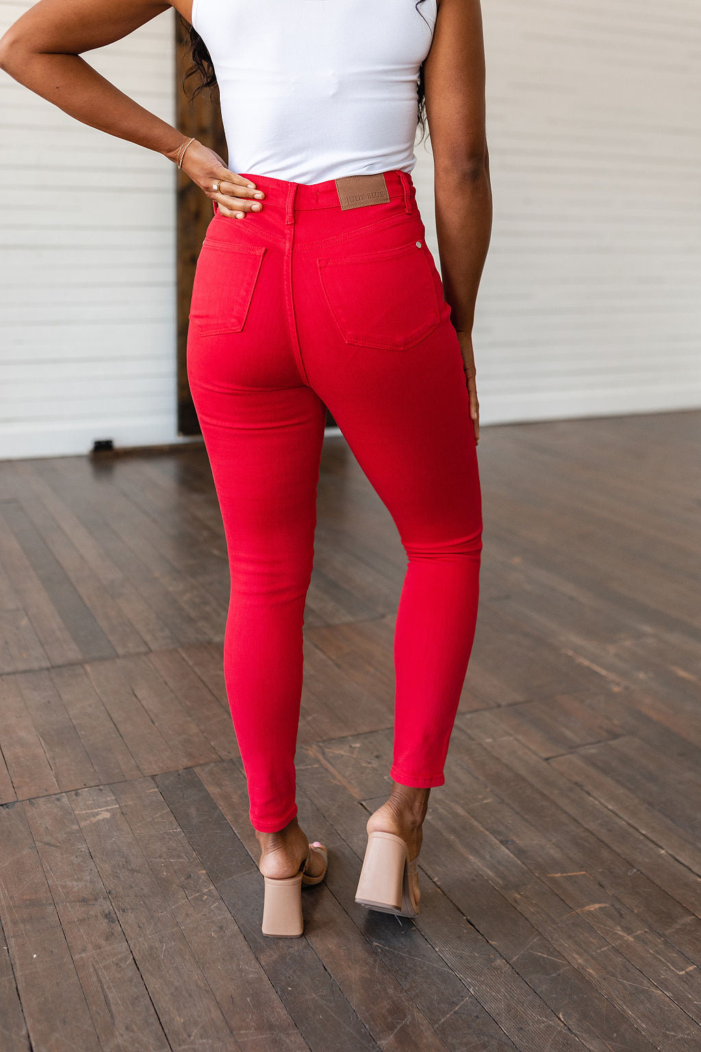 Ruby High Rise Control Top Garment Dyed Skinny Jeans in Red - AnnRose Boutique