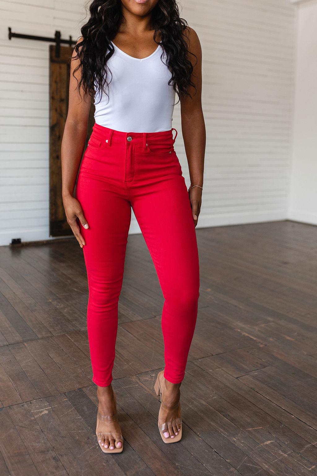 Ruby High Rise Control Top Garment Dyed Skinny Jeans in Red - AnnRose Boutique