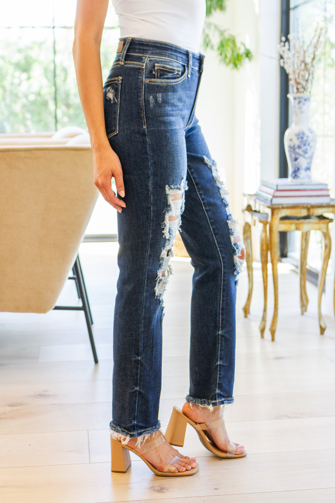 Judy Blue Mid Rise Heavy Destroyed Straight Jeans - AnnRose Boutique