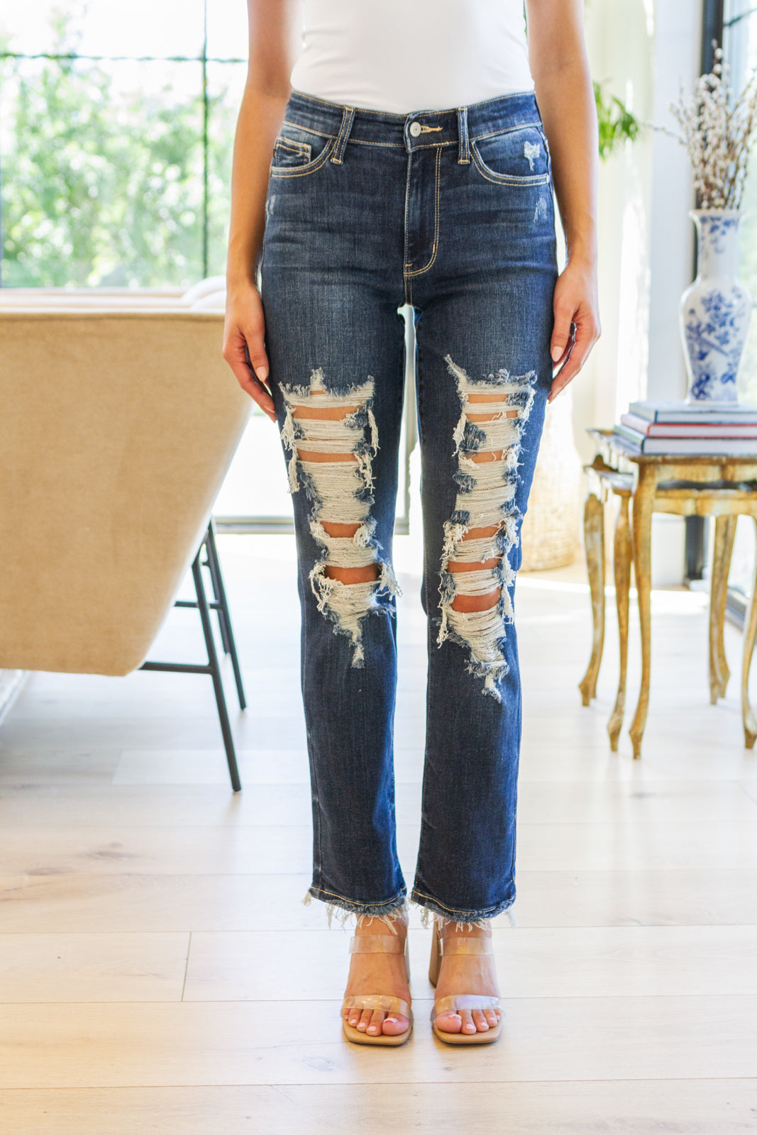Judy Blue Mid Rise Heavy Destroyed Straight Jeans - AnnRose Boutique