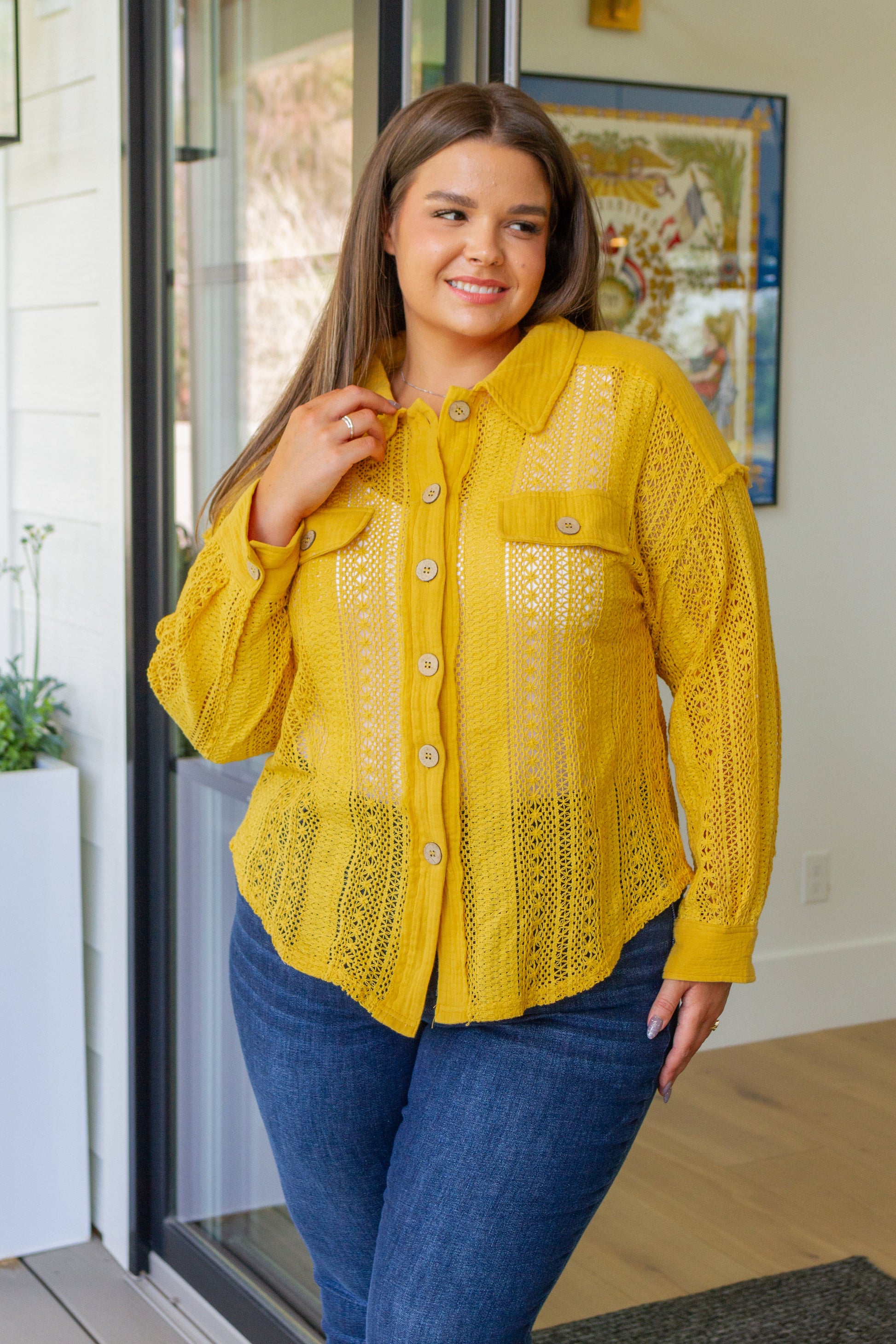 Sweeter Than Nectar Lace Button Down in Honey - AnnRose Boutique