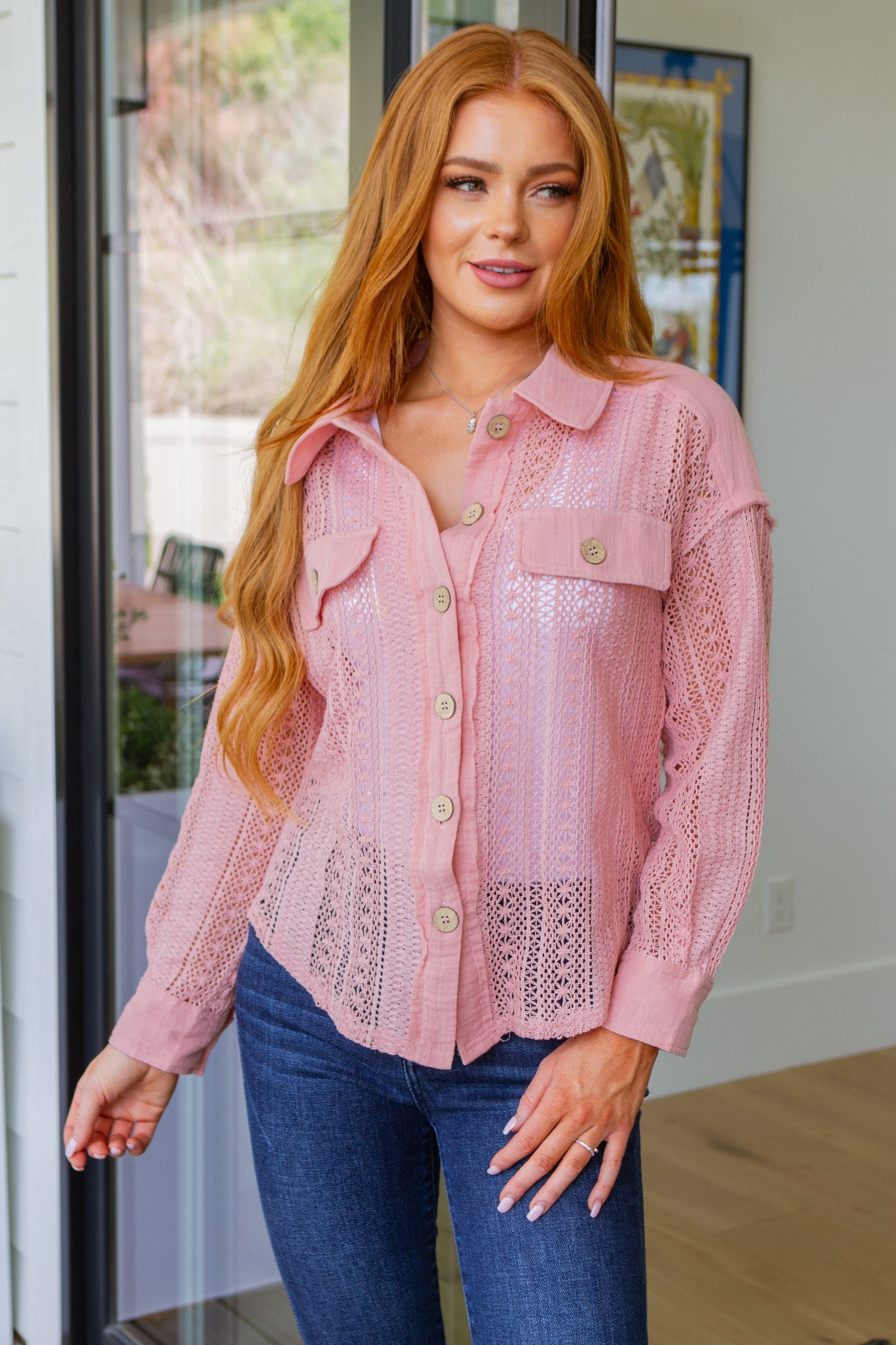 Sweeter Than Nectar Lace Button Down in Rose - AnnRose Boutique