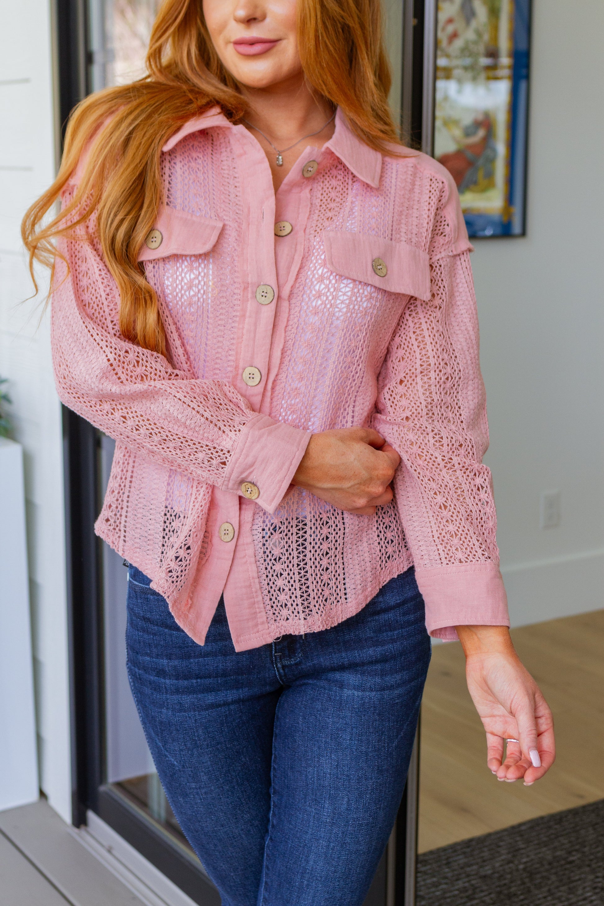 Sweeter Than Nectar Lace Button Down in Rose - AnnRose Boutique