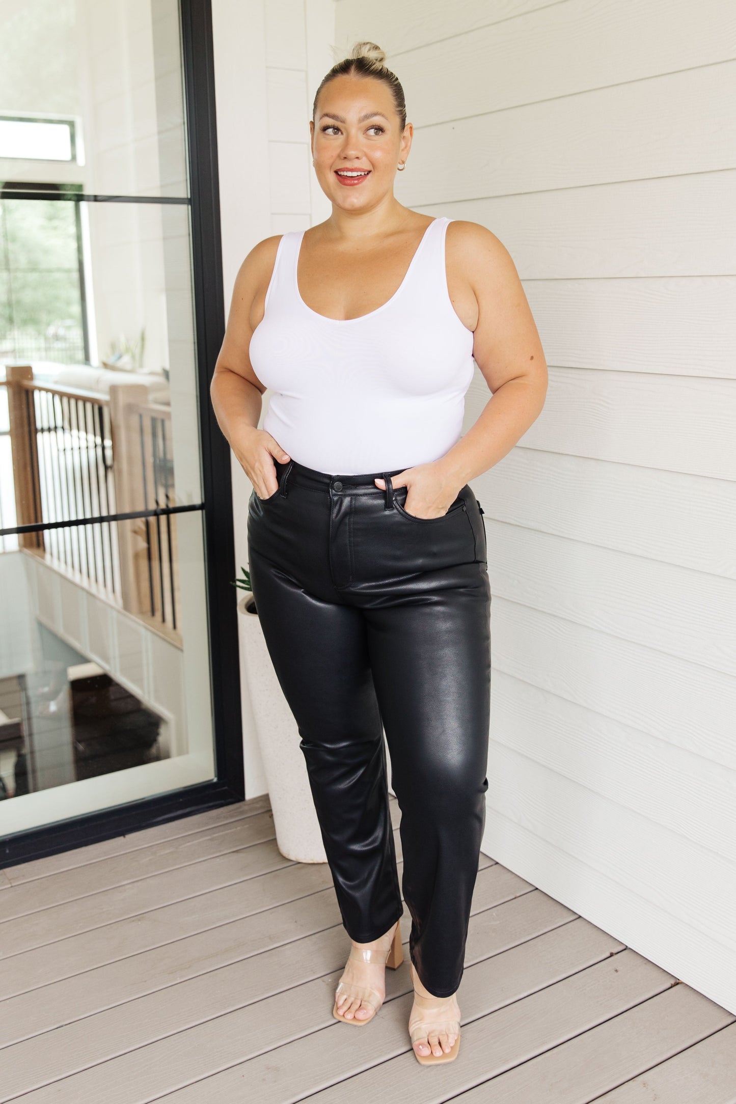 Tanya Control Top Faux Leather Pants in Black - AnnRose Boutique