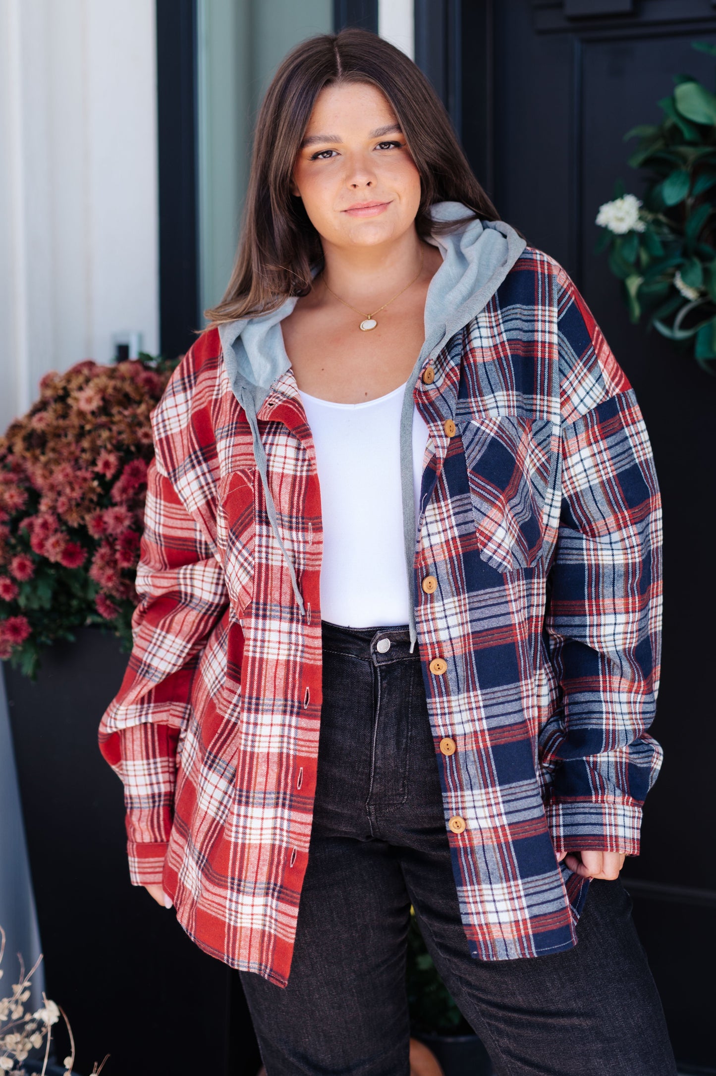 Contrast Color Hooded Flannel