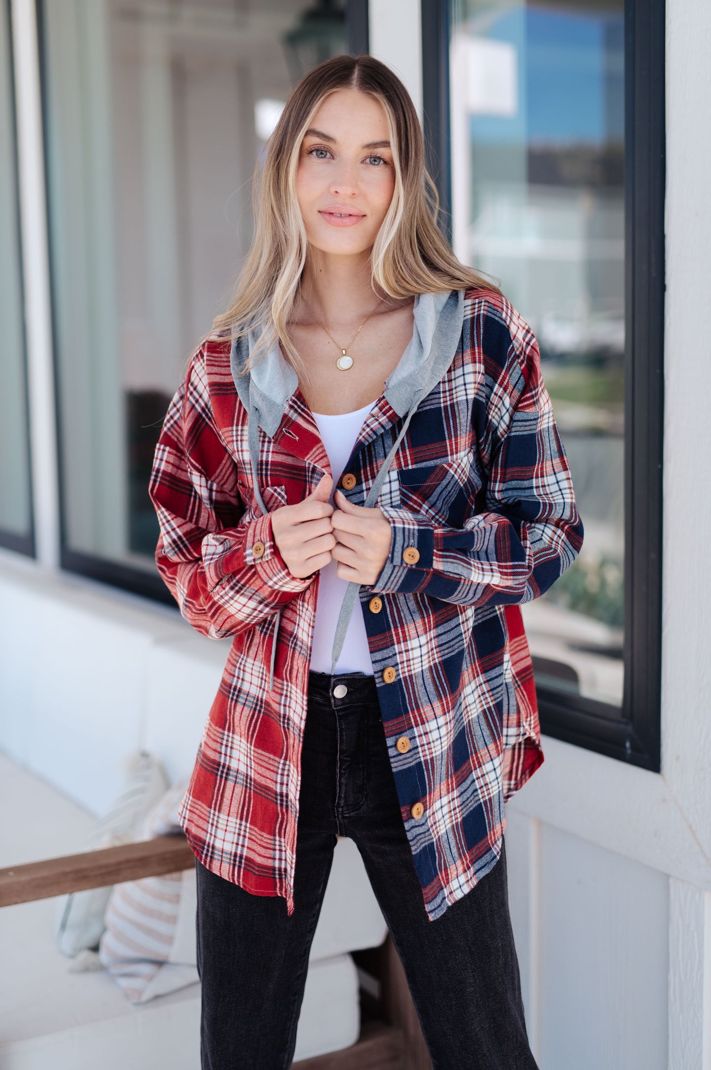 Contrast Color Hooded Flannel