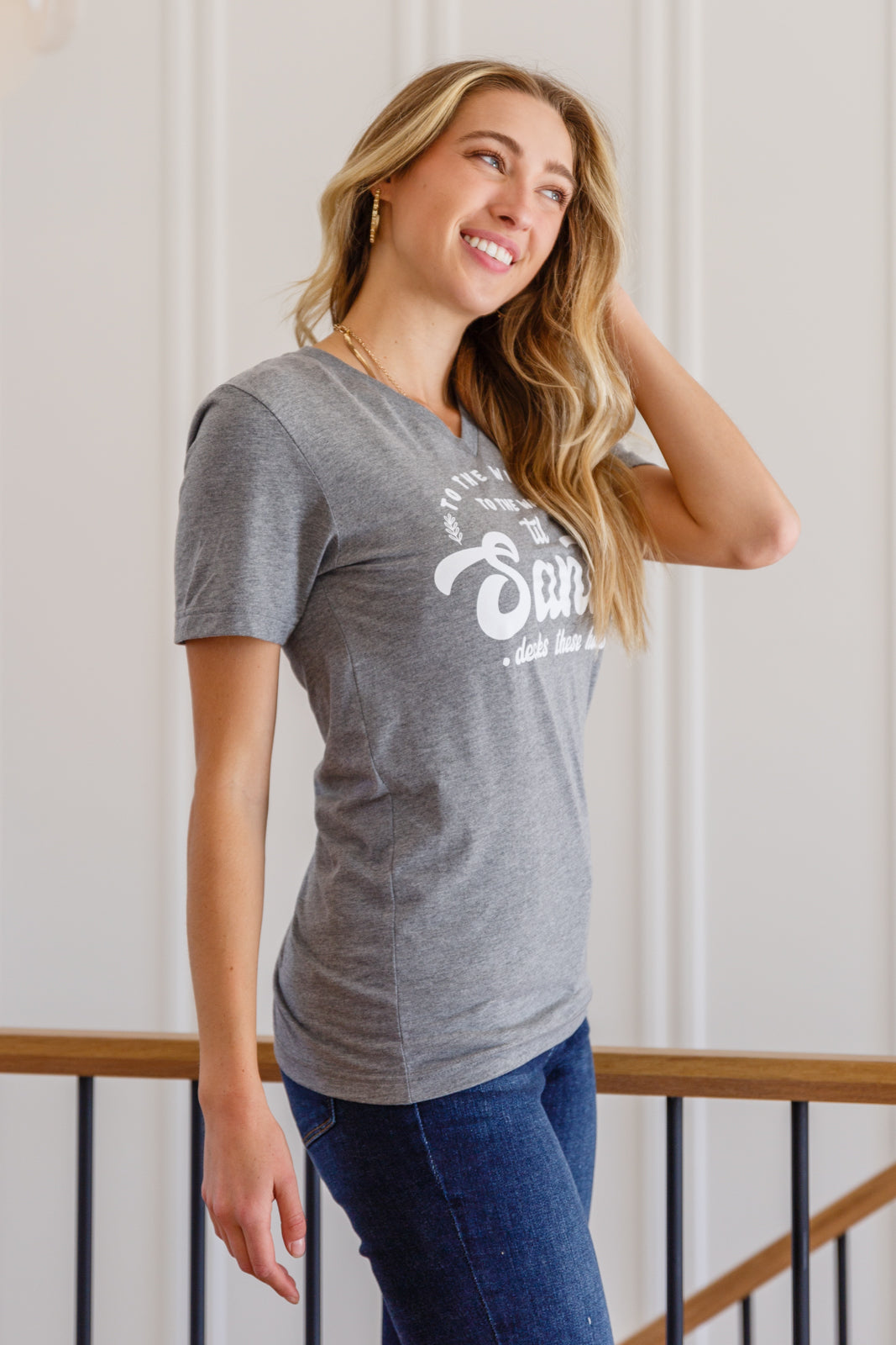 Graphic V Neck Tee In Gray