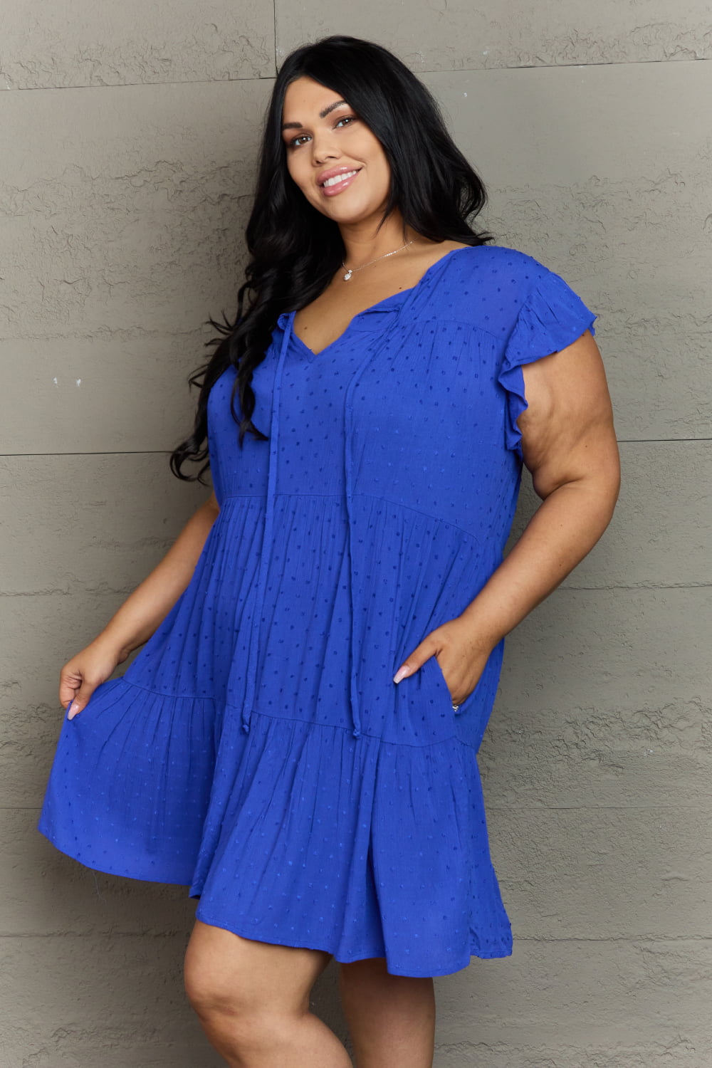 Blue Peasant Neckline Tiered Dress - AnnRose Boutique