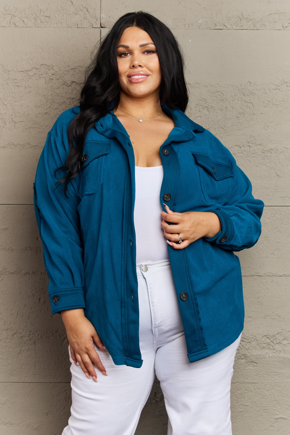 Zenana Cozy in the Cabin Full Size Fleece Elbow Patch Shacket in Teal - AnnRose Boutique