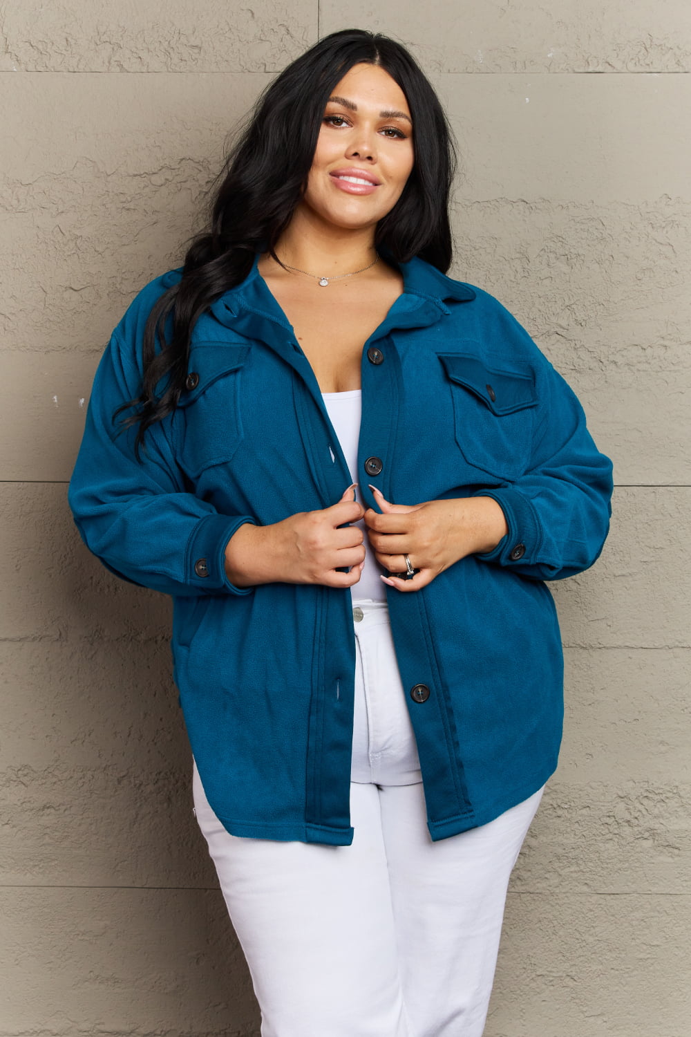 Zenana Cozy in the Cabin Full Size Fleece Elbow Patch Shacket in Teal - AnnRose Boutique