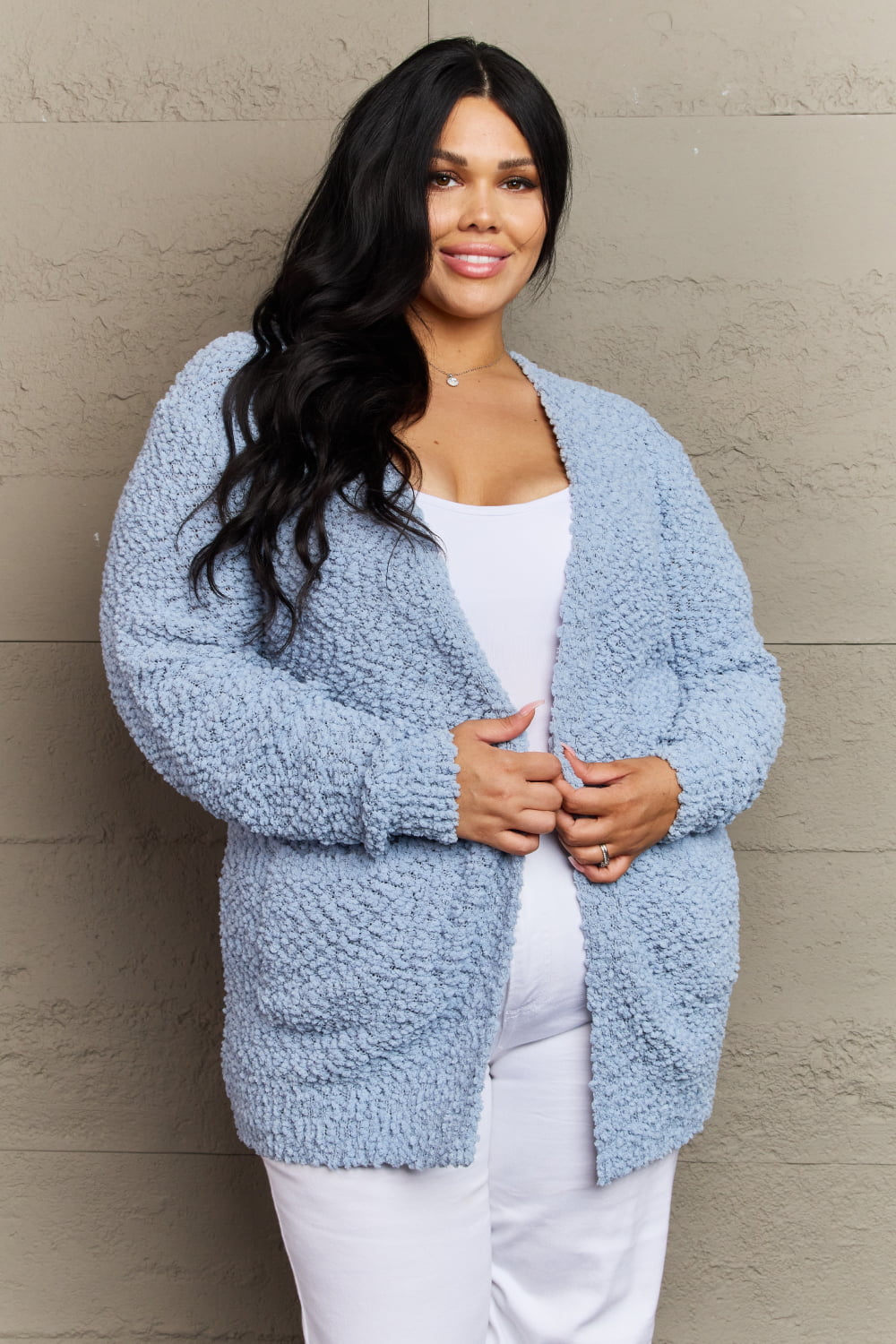 Zenana Falling For You Full Size Open Front Popcorn Cardigan - AnnRose Boutique