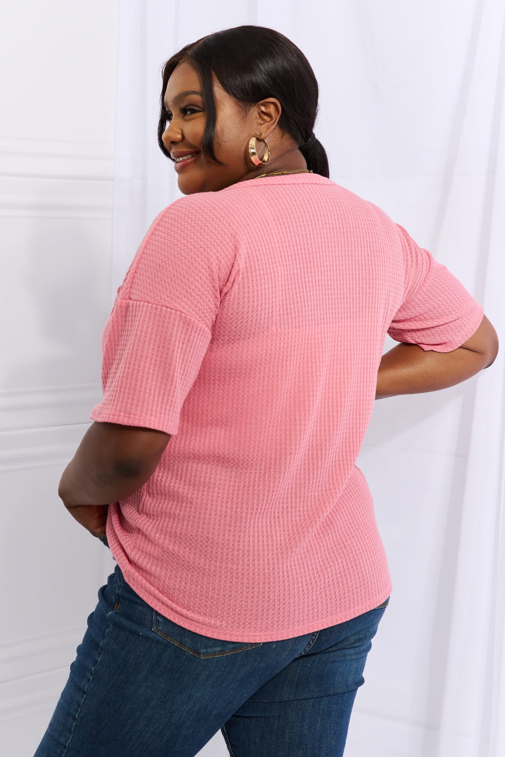 Heimish Made For You Full Size 1/4 Button Down Waffle Top in Coral - AnnRose Boutique