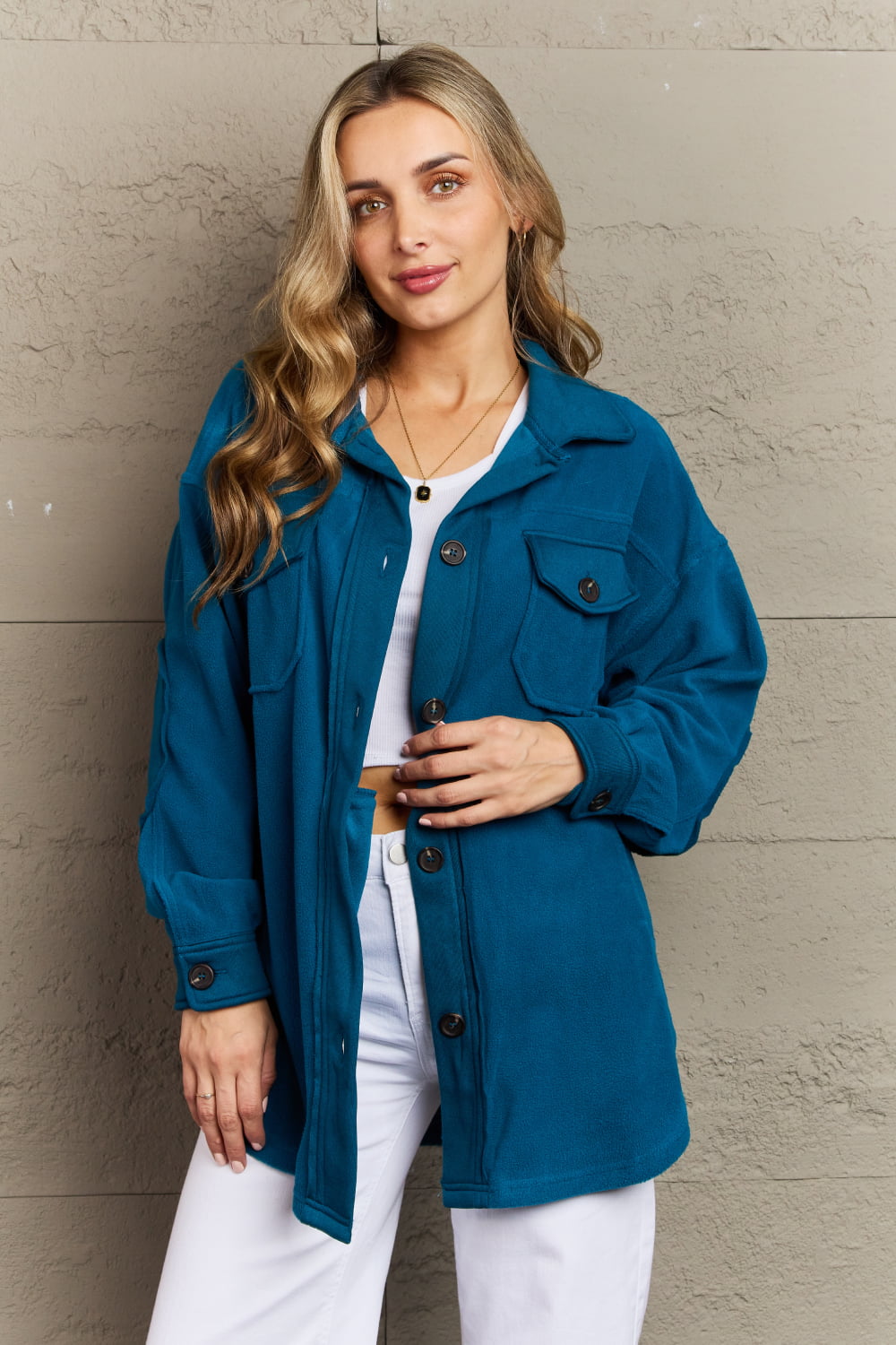 Zenana Cozy in the Cabin Full Size Fleece Elbow Patch Shacket in Teal - AnnRose Boutique