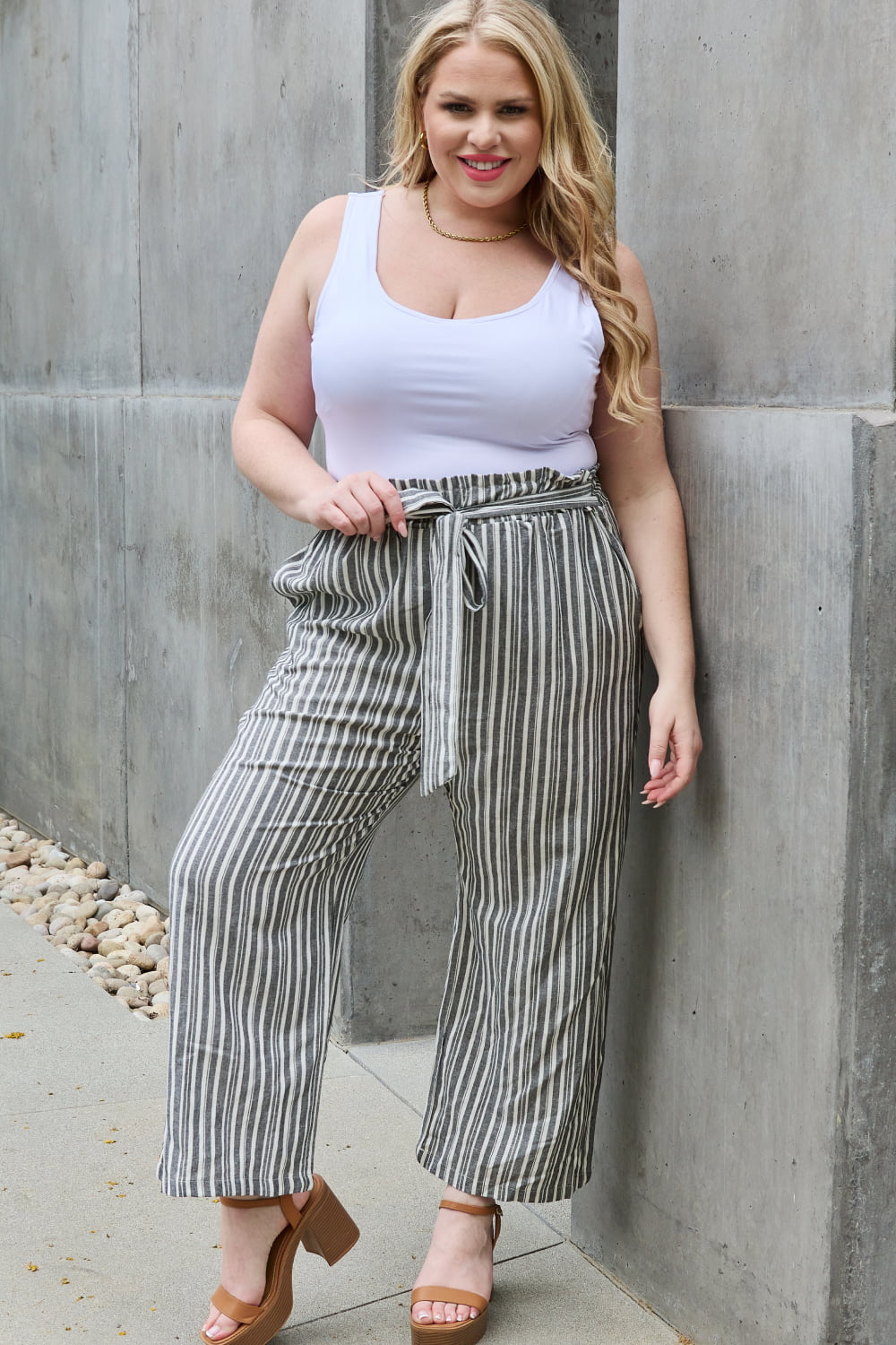 Heimish Find Your Path Full Size Paperbag Waist Striped Culotte Pants - AnnRose Boutique