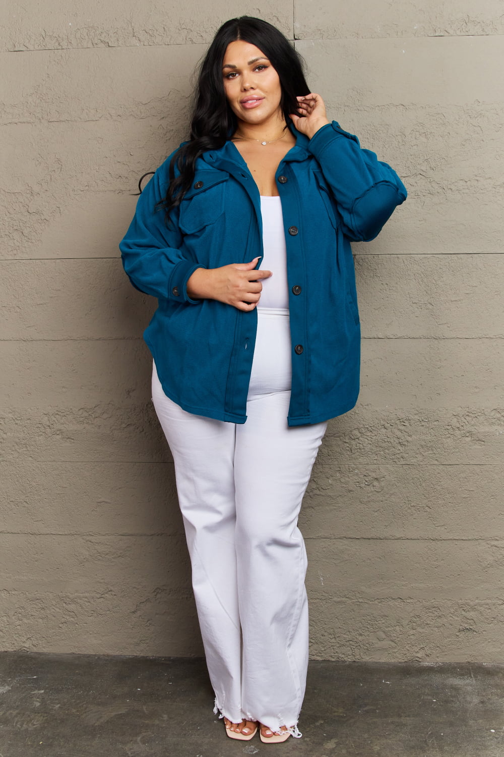 Zenana Cozy in the Cabin Full Size Fleece Elbow Patch Shacket in Teal - AnnRose Boutique