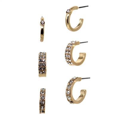 Set of 3 Gold Huggies with Rhinestones Earrings